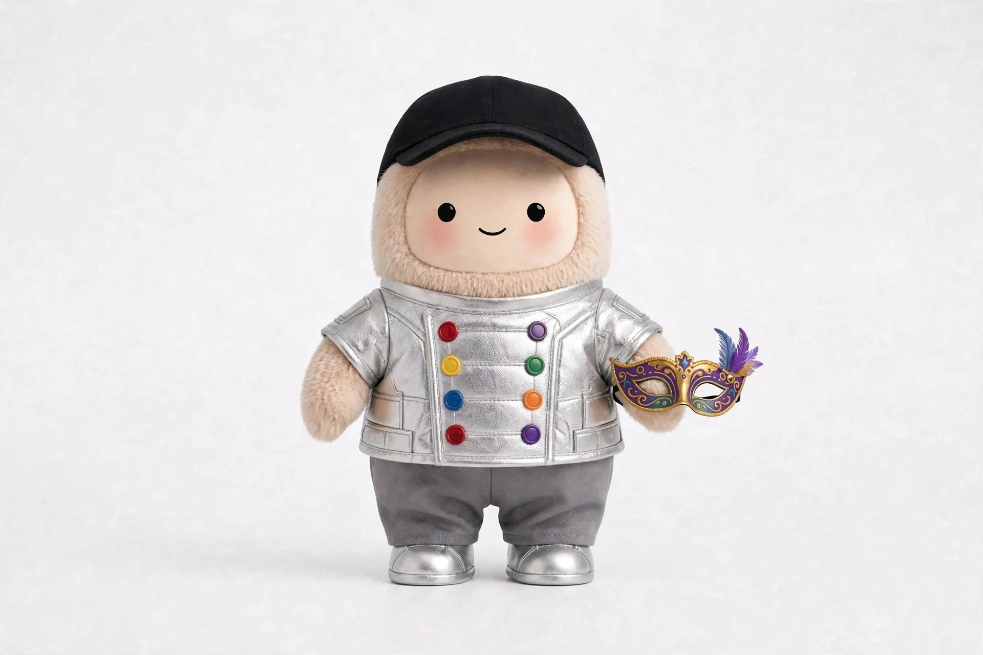 Costume Coach wearing Friendly Robot Costume — A soft, boxy robot costume with colourful button motifs.