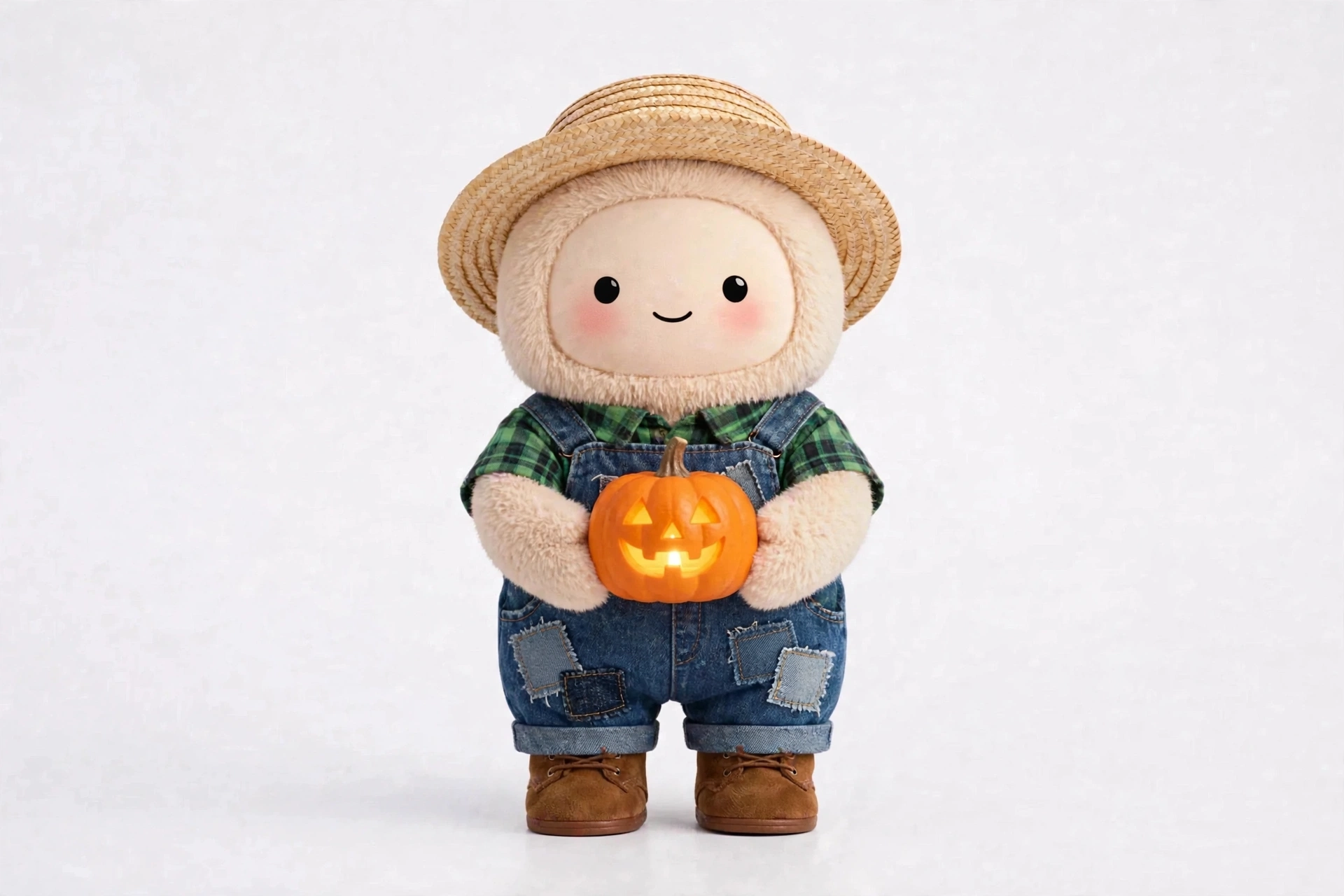 Pumpkin Storyteller wearing Friendly Scarecrow Storyteller — A patched, friendly scarecrow for harvest-time tales.