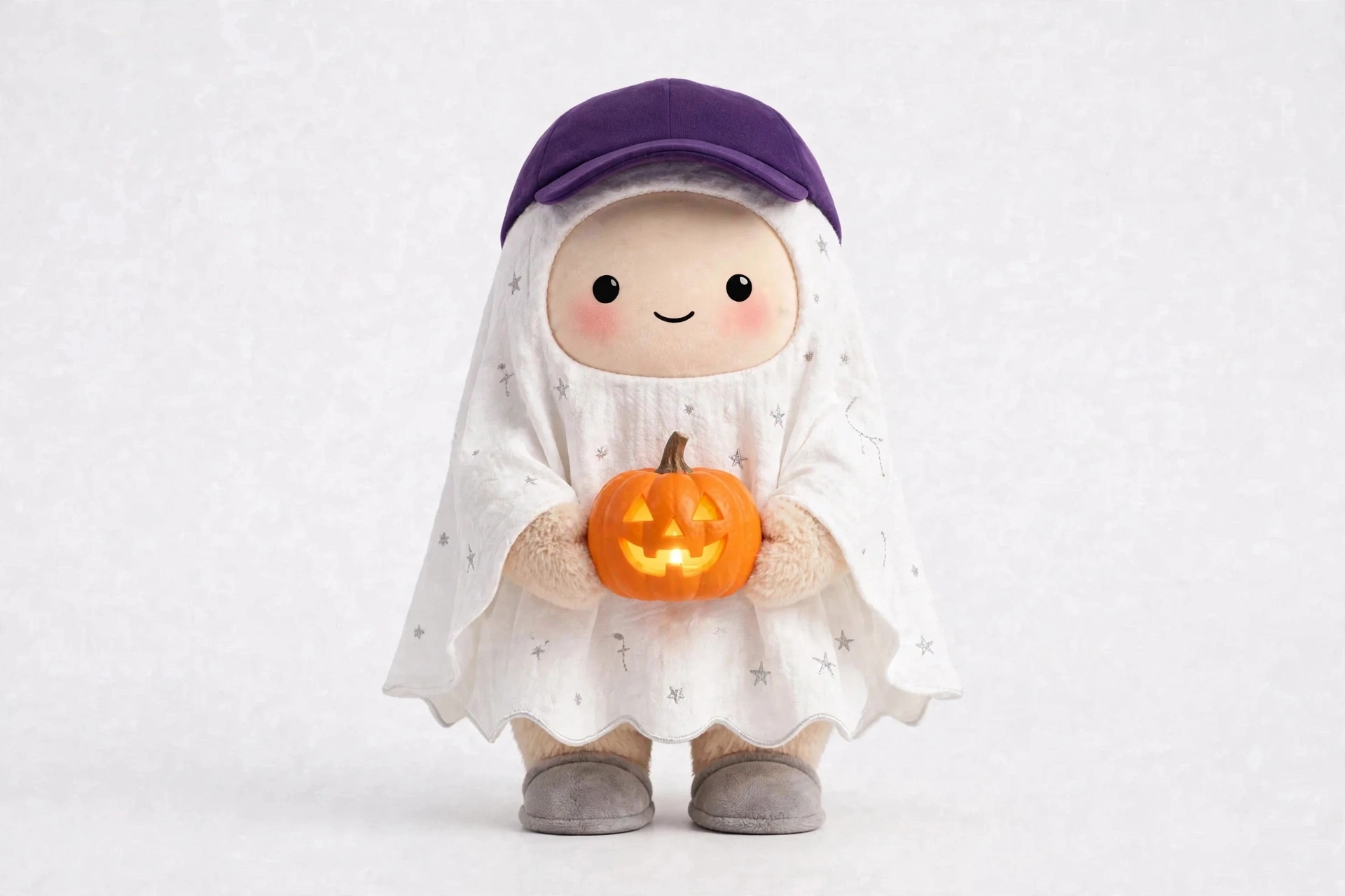 Pumpkin Storyteller wearing Gentle Ghost Sheet — A sweet, friendly ghost sheet for the gentlest scares.